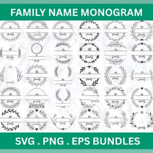 Könnte beinhalten: Eine Sammlung von schwarz-weißen Familiennamen-Monogramm-Designs. Jedes Design zeigt das Wort "Familie" und einen Platz für einen Namen, umgeben von verschiedenen dekorativen Elementen wie Blättern, Herzen und Kränzen. Der Text "FAMILY NAME MONOGRAM" steht oben.