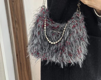 Y2K Grunge pluizig gebreide crossbodytas - Shaggy-portemonnee