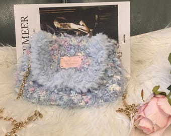 Handgemaakte pastelkleurige crossbodytas van imitatiebont | Portemonnee van kawaiigaren met gouden ketting