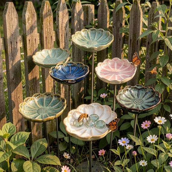 Ceramic Bee Water Dish，Outdoor Pollinator Butterfly Decor，Bee Water Feeder，Bird Bath Bowl，Garden Stake Dish for Cottage Garden Decor