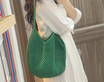 Handgemaakte groene gehaakte draagtas, gebreide schoudertas, boho zomertas, tas van zacht garen, casual alledaagse markttas, cadeau voor haar