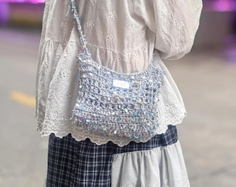 Sprankelend zilveren gehaakte schoudertas, handgemaakte portemonnee met lovertjes, Y2K glitter-crossbodytas, Fairycore-avondtasje, glanzende feesthandtas