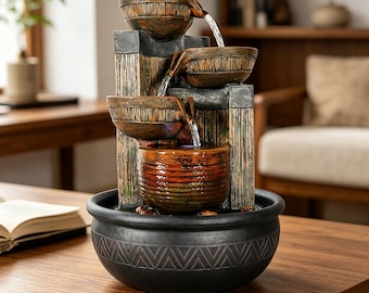 Rustic Tabletop Waterfall Fountain - Indoor Resin Zen Water Feature with LED Light for Home Office Decor, Relaxation Gift