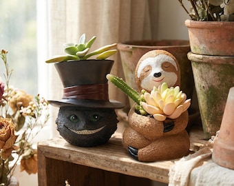 Süßes Faultier & Grinsekatze Sukkulenten Set, Harz Pflanzentöpfe, wunderliche Innendekoration, Geschenk für Pflanzenliebhaber, Einzigartiges Geschenk