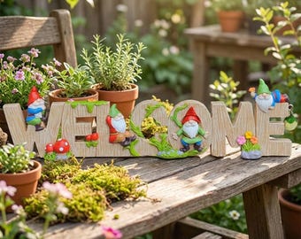 Wunderliches Gnom-Willkommensschild, Harz-Gartendekor, süße Hofverzierung, rustikale Willkommensplakette, Im Freien Hausgeschenk, rustikale Innendekoration