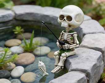 Angeln Skeleton Shelf Sitter Figur, niedliches Harz-Skelett Gartendekor, Halloween Teich Ornament, Geschenk für Fischer
