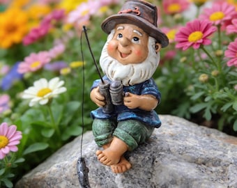 Niedliche sitzende Fischerzwerg-Figur, wunderliche Fischerzwerg-Gartenstatue, Harz-Gartendekoration, Teich- & Pflanzgefäßzubehör, Geschenk für Fischer
