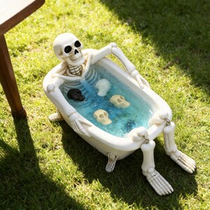 May include: A white skeleton figure relaxes in a white bathtub filled with blue water and skull-shaped bath bombs. The skeleton has black eye sockets and is positioned on green grass, creating a spooky Halloween decoration.