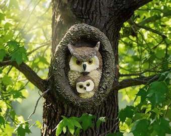 Eulen-Stammbaum-Dekor, Harz-Eulen-Gartenskulptur, handgemalte Außenwandkunst, Geschenk für Gärtner, Außenhof-Kunst, Geschenk für Eulenliebhaber