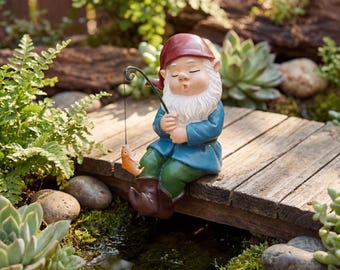 Hand Painted Napping Fishing Gnome, Resin Garden Gnome Figurine, Planter Edge Decor, Gift for Fishermen,Gift for Her/Him