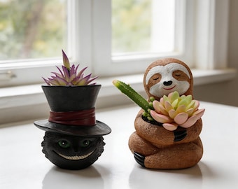 Wunderliche Tier Sukkulenten Pflanzgefäße, Faultier & Cheshire Cat Harztöpfe, niedlicher Zimmerpflanzendekor, einzigartiges Geschenk, niedliches Wohnkulturgeschenk, Geschenk für sie
