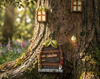 Glow in the Dark Fairy Tree House Tür- und Fensterdekor-Set, magische Mini-Gartenbaumschmuck, wunderliches Geschenk für Feenliebhaber