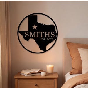 Aangepaste kaart staat Texas metalen muurkunst, gepersonaliseerd Lone Star familienaambord, rustieke woondecoratie cadeau voor slaapkamer, Texas Pride muur hangen