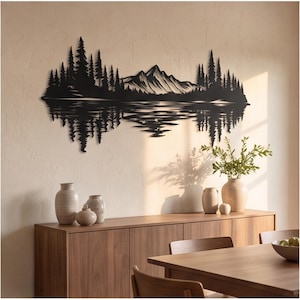 Decorazione murale in metallo a tema casa sul lago, scena rustica di montagna e foresta, decorazione murale a tema foresta, decorazione murale per baita, regalo con pino