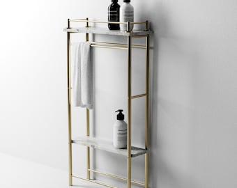 Mała konsola do łazienki z mosiądzu i marmuru z relingiem