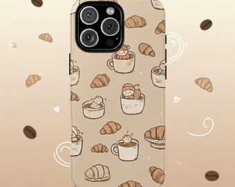 Entzückende Kaffee und Croissant Themen-iPhone Fall | Stoßfeste Hülle iPhone 11 12 13 14 15 16 17 / ProMax Air Pro Plus Mini XSMAX XS XR X