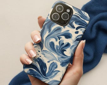 Indigo Swirl iPhone Hülle | Abstraktes Aquarell Blumenmuster, stoßfest