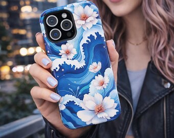 Blaue Wellen-Kirschblüten-Telefon-Hülle | Stoßfeste Hülle | Hülle iPhone 13 14 15 16 17 Pro Max Air Pro Plus Mini