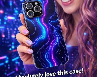 Neon Wellenlinien Handyhülle | Abstrakt Elektrisch Blau Lila iPhone Hülle | Hülle iPhone 13 14 15 16 17 / Pro Max Air Pro Plus Mini