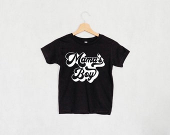 Retro Script Mama’s Boy Graphic Kids T-Shirt | Toddler Phrase Shirt in Black and White | Kid Saying | Boy Mom Gift | Boy Baby Shower Gift