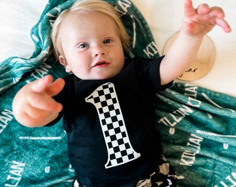 Checker Shirt | First Birthday Fast One T-Shirt | Checkered Flag | Race Car Party Tee | Black and White Checkerboard Graphic | Boy Birthday