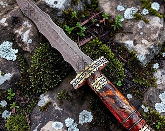 Handmade Damascus Steel Athame, Ritual Dagger with Brass Bolster, Red Resin Handle,Gift for him