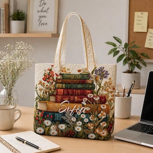 Bokälskare Quiltad tygväska, blommig öppen bok quiltad tygväska, biblioteksbok lapptäcke tygväska, bokmarknadsväska för läsare, lärarpresent