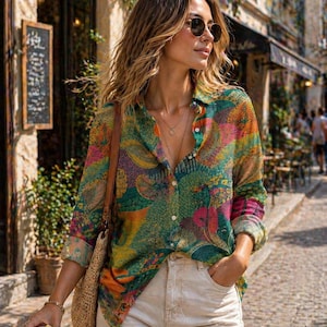 May include: A colorful button-down shirt with a vibrant paisley pattern in shades of green, orange, pink, and purple. The shirt is paired with light-colored pants and a straw bag. The person is wearing sunglasses and holding a coffee cup.