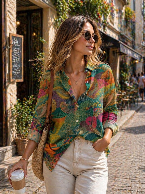 Colorful Bohemian Print Shirt for Women, Vibrant Floral Long Sleeve Blouse, Artistic Summer Linen Blend Shirt