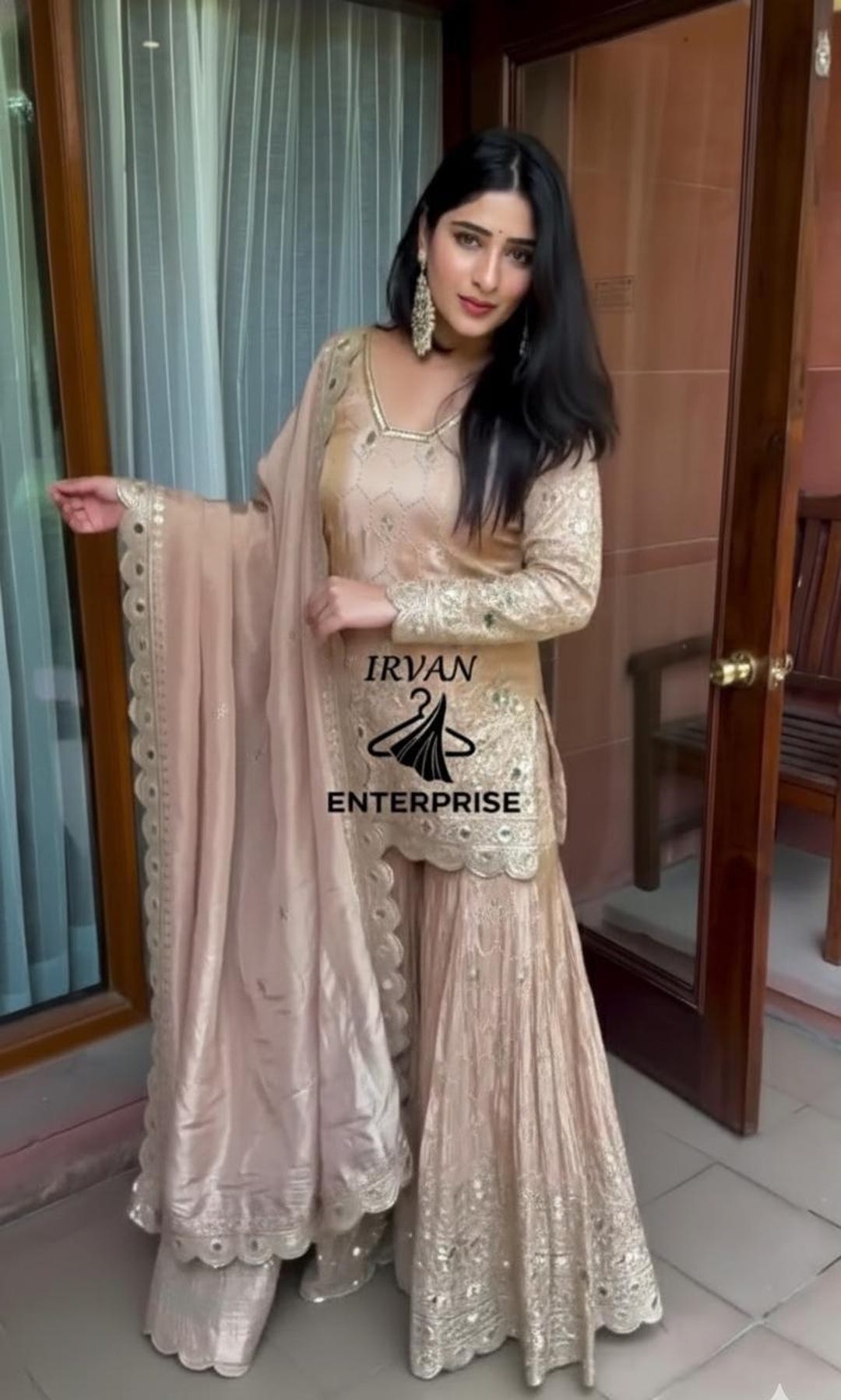 Green Soft Chinnon Silk Sharara - Handwork Embroidery