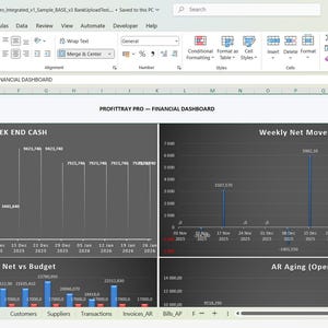 May include: A financial dashboard displaying data visualizations. The top section shows a 13-week end cash graph and a weekly net movement graph. The bottom section includes a monthly net vs budget graph and an AR aging graph. The title "PROFITRAY PRO - FINANCIAL DASHBOARD" is at the top.