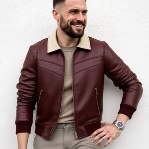 Men's Maroon Nappa Leather Bomber Jacket – Contrast Collar, Ribbed Trim image 3