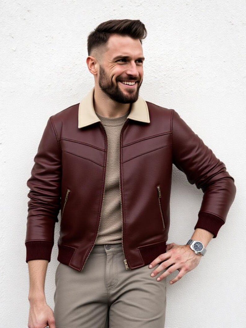 Men's Maroon Nappa Leather Bomber Jacket – Contrast Collar, Ribbed Trim image 3