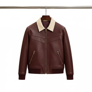 Men's Maroon Nappa Leather Bomber Jacket – Contrast Collar, Ribbed Trim image 1