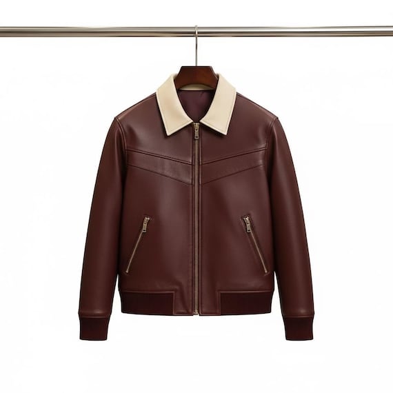 Men's Maroon Nappa Leather Bomber Jacket – Contrast Collar, Ribbed Trim