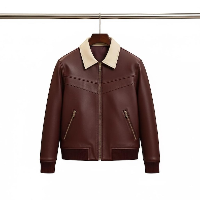 Men's Maroon Nappa Leather Bomber Jacket – Contrast Collar, Ribbed Trim image 1