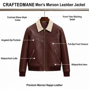 Men's Maroon Nappa Leather Bomber Jacket – Contrast Collar, Ribbed Trim image 2