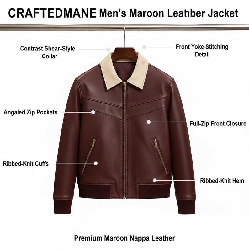 Men's Maroon Nappa Leather Bomber Jacket – Contrast Collar, Ribbed Trim image 2