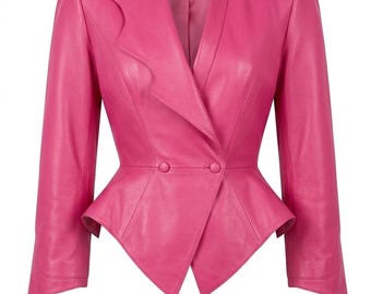 Craftedmane Pink Leather Peplum Blazer Jacket Women