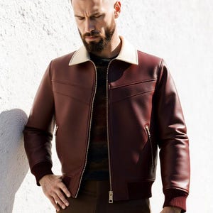 Men's Maroon Nappa Leather Bomber Jacket – Contrast Collar, Ribbed Trim image 5