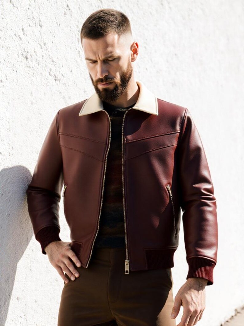 Men's Maroon Nappa Leather Bomber Jacket – Contrast Collar, Ribbed Trim image 5