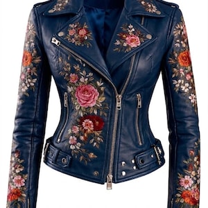 Women's Blue Floral Leather Biker Jacket, Embroidered Moto Jacket, Genuine Leather Motorcycle Coat, Handmade by Craftedmane