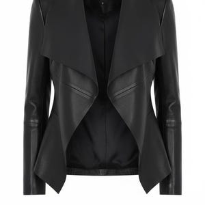 May include: A black leather jacket with a distinctive draped collar. The jacket has long sleeves and a tailored fit, offering a modern and stylish look. The open front design enhances its contemporary appeal.