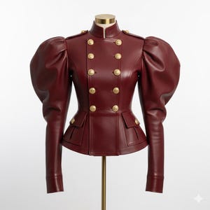 Women's Burgundy Leather Military Jacket, Puff Sleeve Peplum Jacket, Double Breasted Genuine Leather Coat by Craftedmane