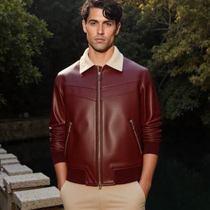 Men's Maroon Nappa Leather Bomber Jacket – Contrast Collar, Ribbed Trim image 4