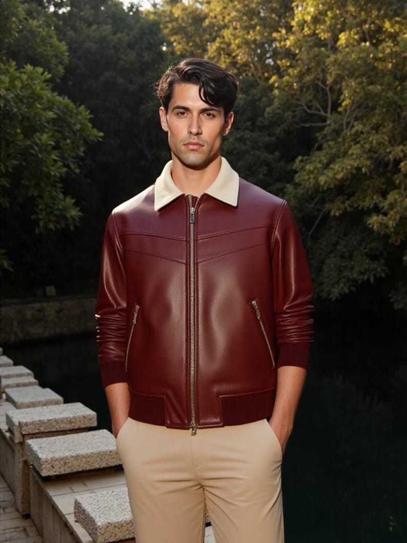 Men's Maroon Nappa Leather Bomber Jacket – Contrast Collar, Ribbed Trim image 4