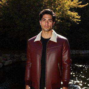 Men's Maroon Nappa Leather Bomber Jacket – Contrast Collar, Ribbed Trim image 6