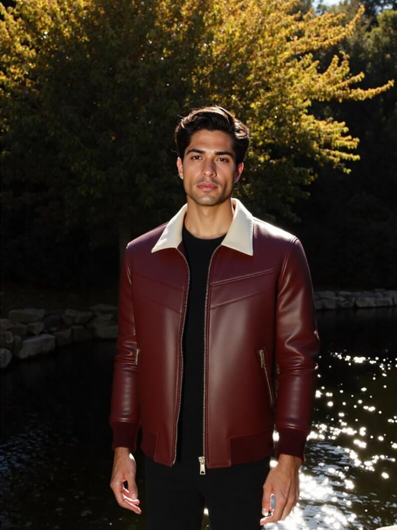 Men's Maroon Nappa Leather Bomber Jacket – Contrast Collar, Ribbed Trim image 6