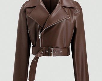 Chaqueta motera con forro de piel de oveja sintética color canela – Abrigo de moto para mujer