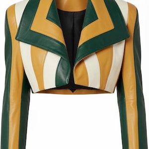 Women's Two-Tone Leather Moto Jacket, Cropped Bolero Jacket, Handmade Avant-Garde Leather Jacket, Modern Designer Coat